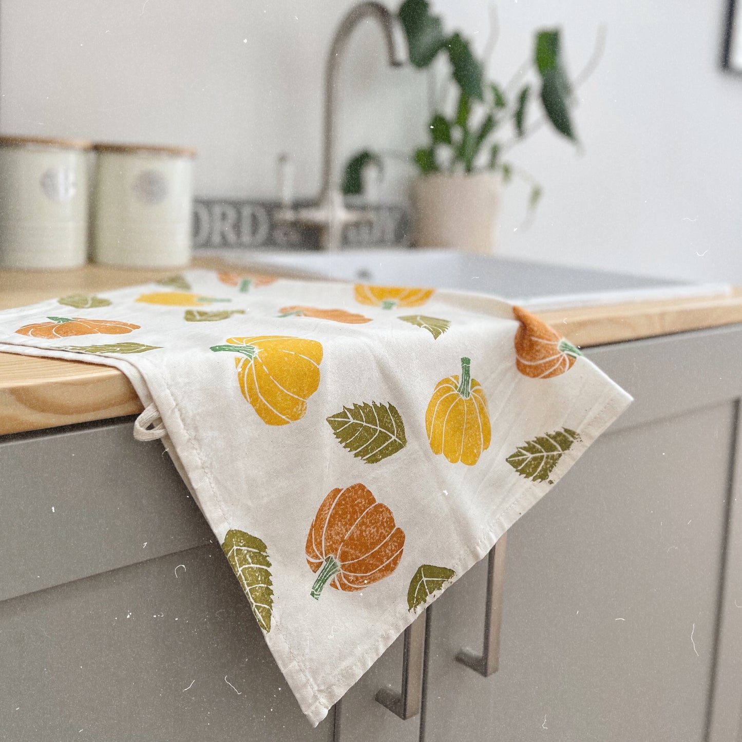 Pumpkin Block Printed Tea Towel