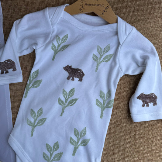 Woodland bear- Block printed Baby Grow