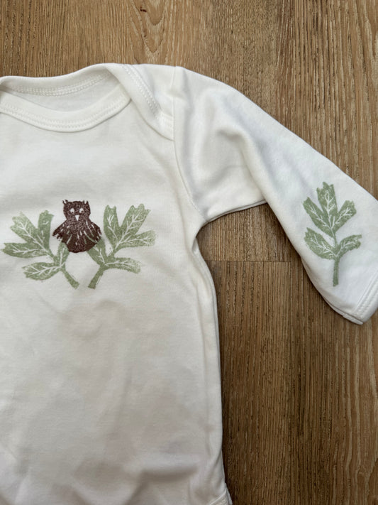 Owl block printed baby grow- Long sleeve