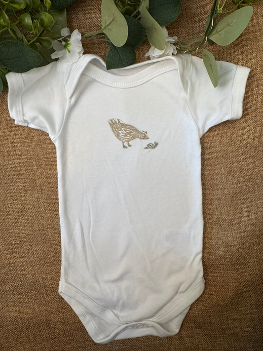 Curious chicken- hand printed baby grow