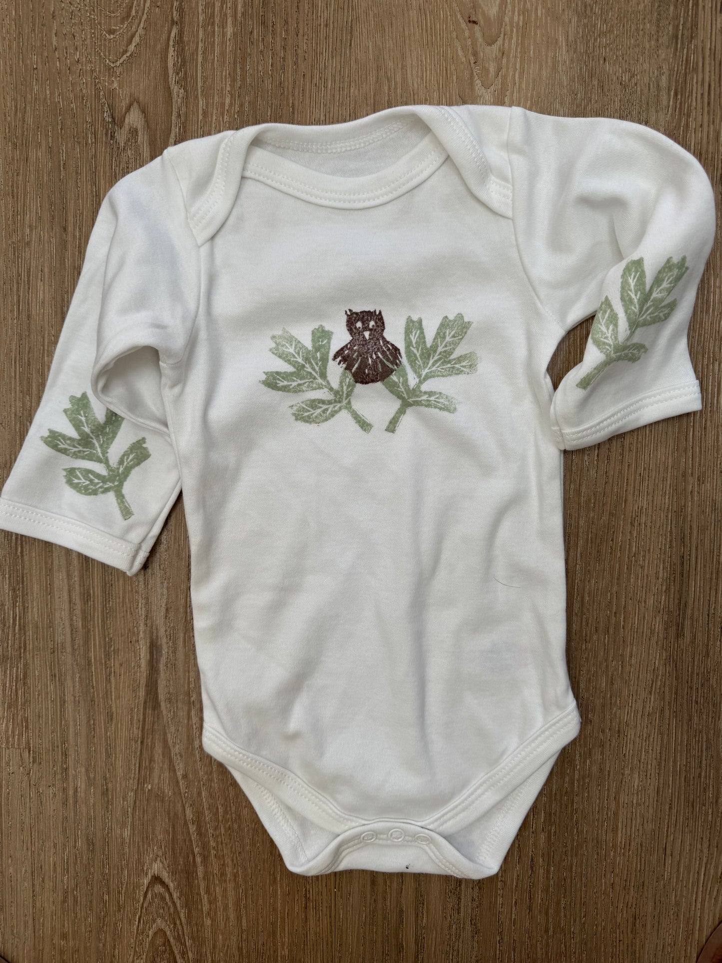 Owl block printed baby grow- Long sleeve