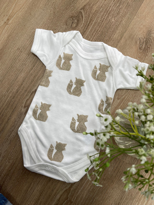 Beige Foxes- Block printed baby grow
