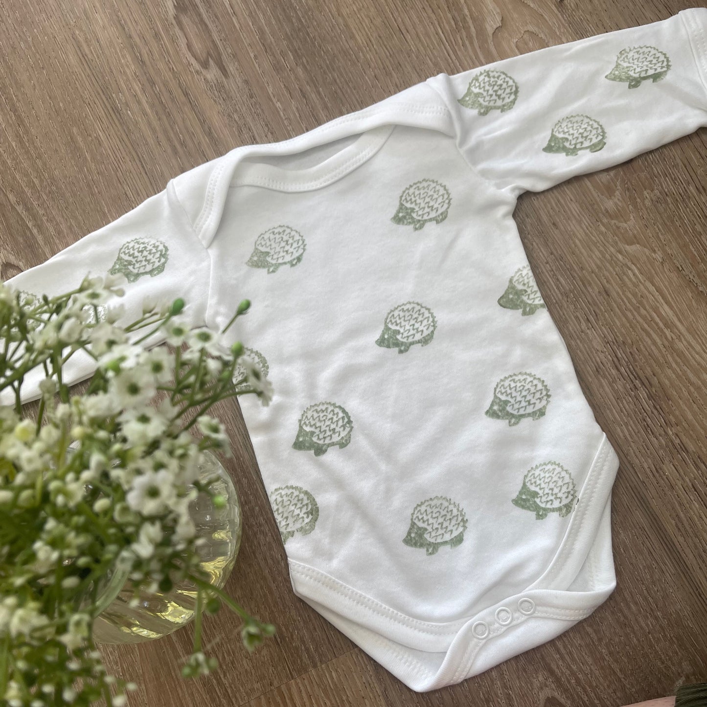 Long sleeve baby grow- Khaki Hedgehog