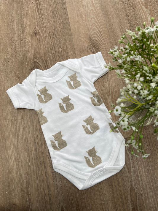 Beige Foxes- Block printed baby grow