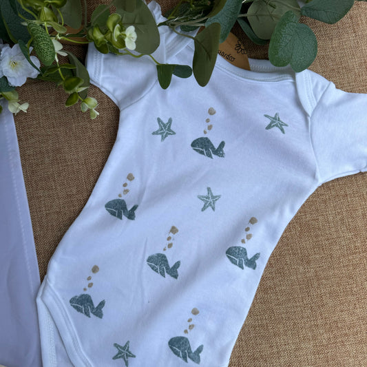 Whale- hand printed baby grow
