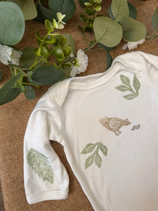 Curious Chicken- hand printed baby grow