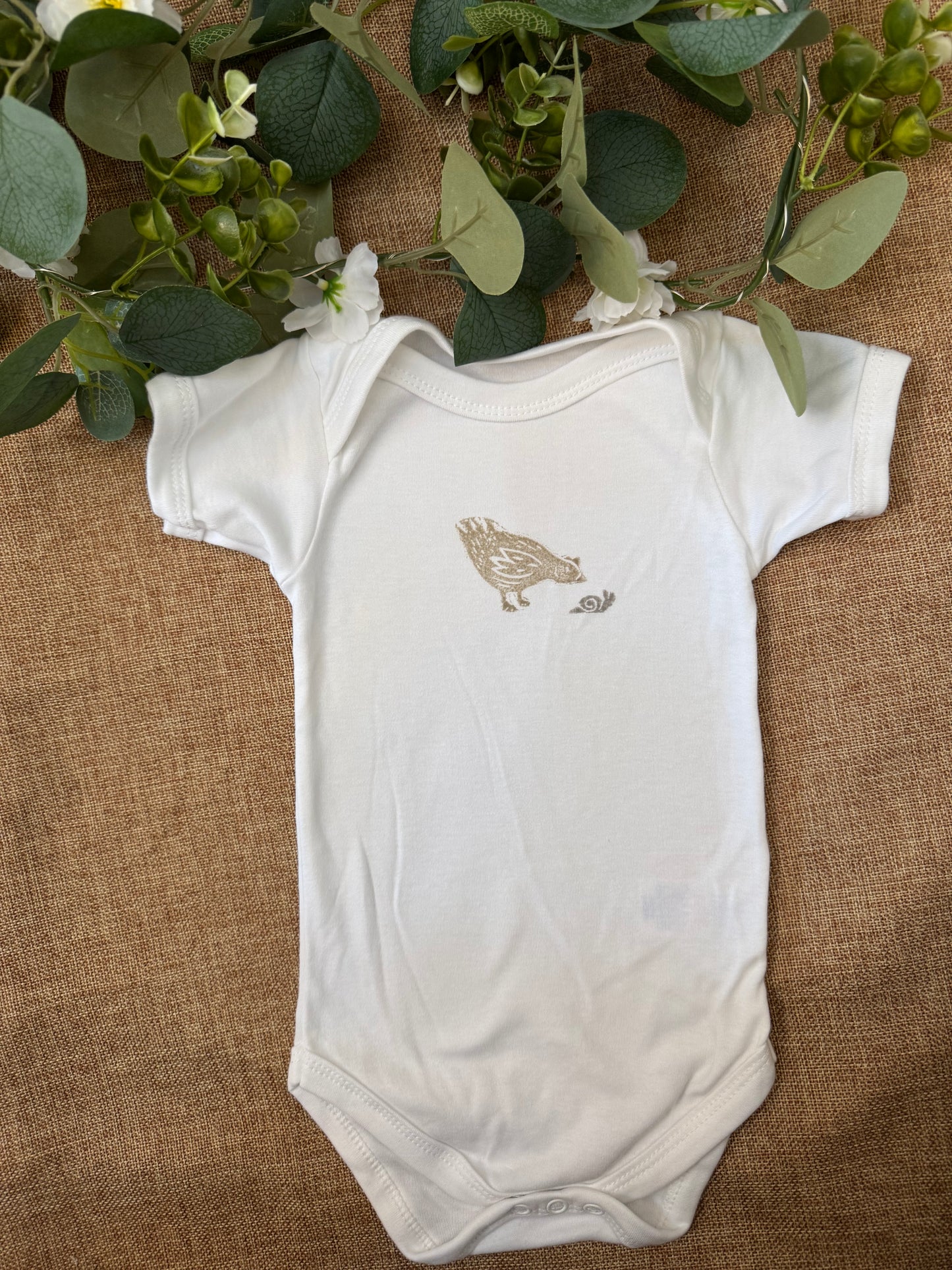 Curious chicken- hand printed baby grow
