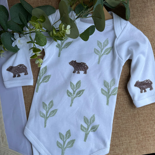 Woodland bear- Block printed Baby Grow