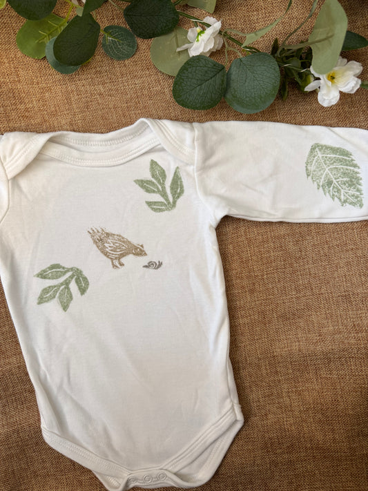 Curious Chicken- hand printed baby grow