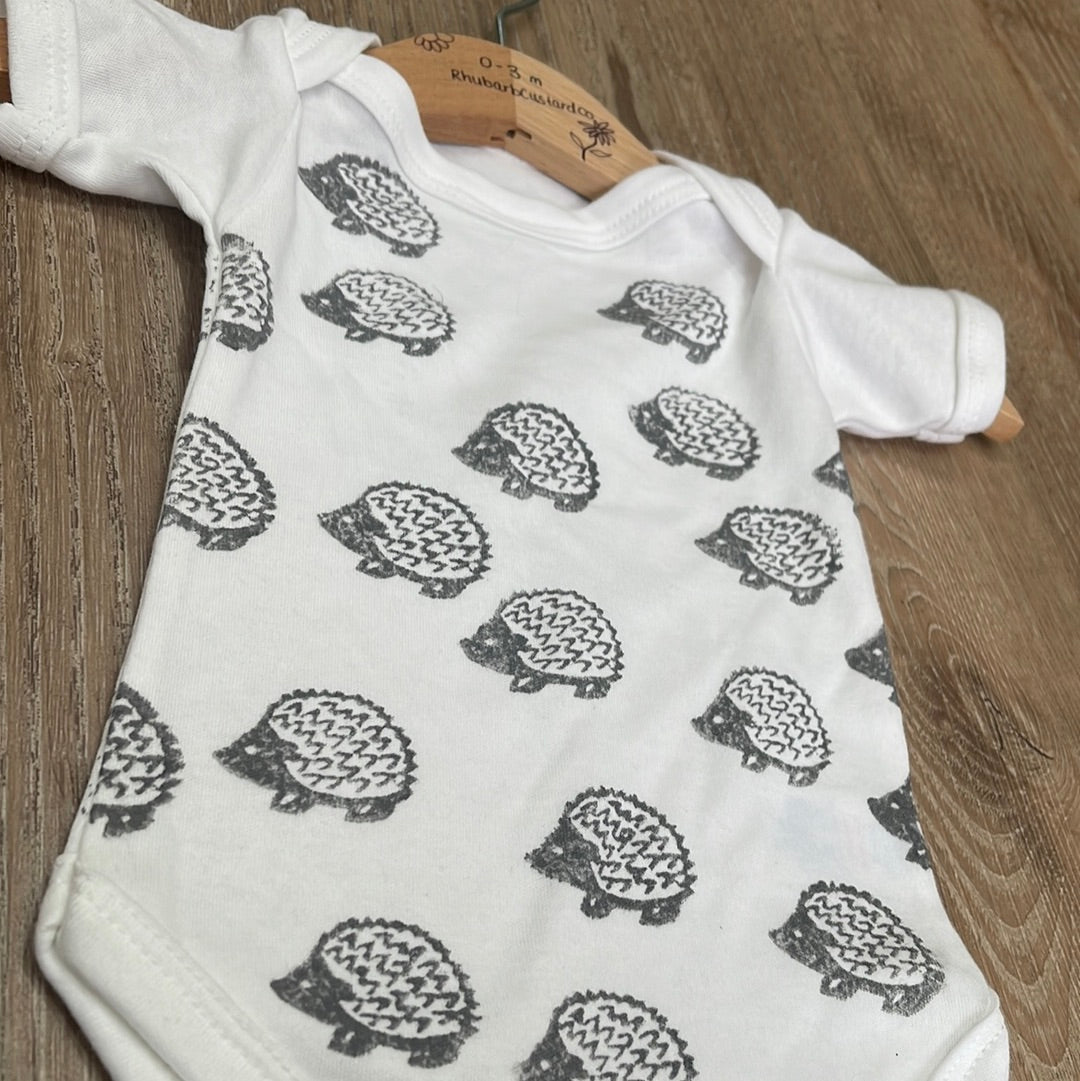 Grey Hedgehogs- Block printed baby grow. Short sleeve