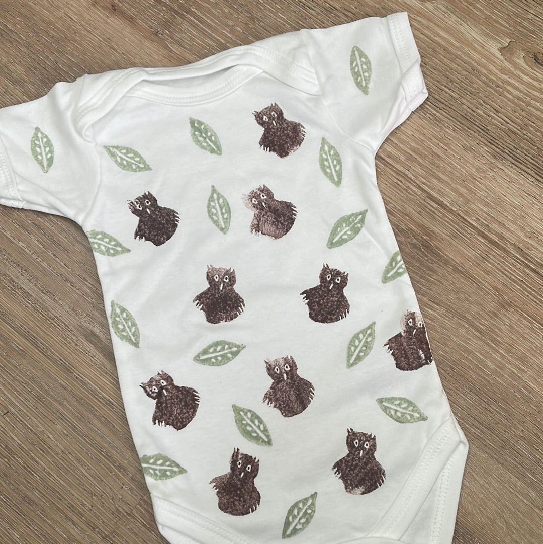 Block printed baby grow- Owls