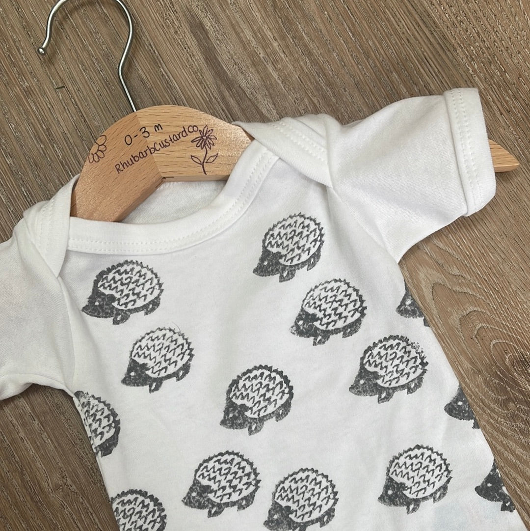Grey Hedgehogs- Block printed baby grow. Short sleeve