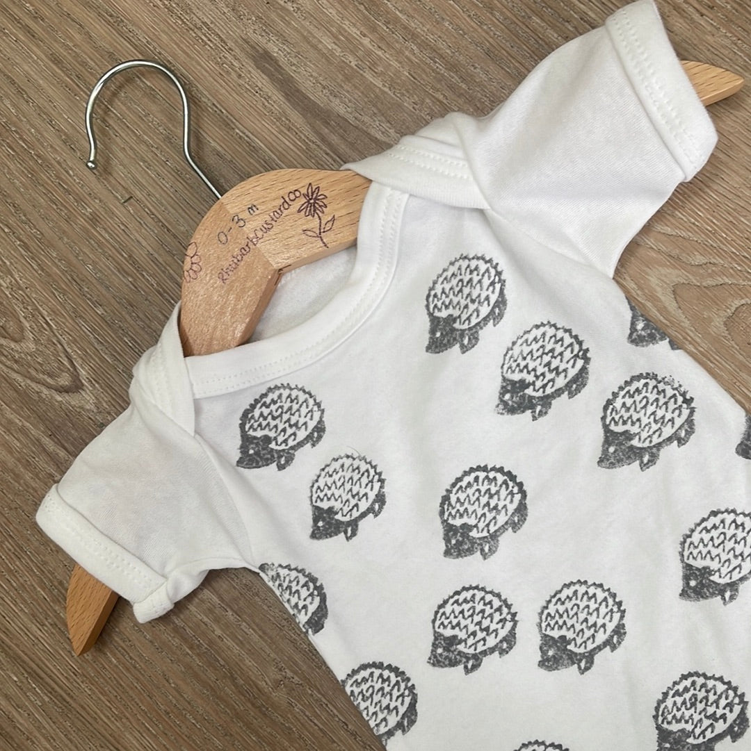 Grey Hedgehogs- Block printed baby grow. Short sleeve