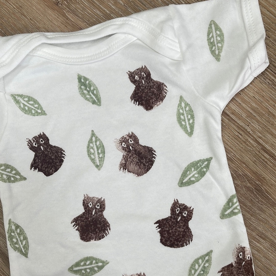 Block printed baby grow- Owls