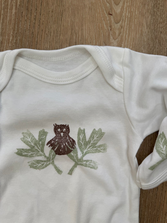 Owl block printed baby grow- Long sleeve