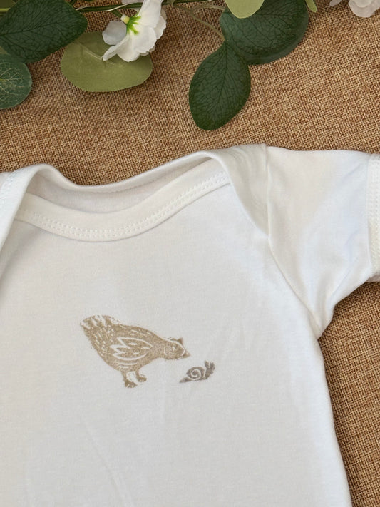 Curious chicken- hand printed baby grow