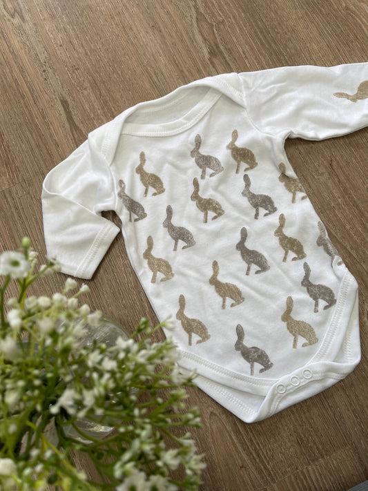 Beige Hares- Block printed baby grow