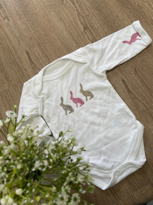 Beige & pink hares- Block printed baby grow