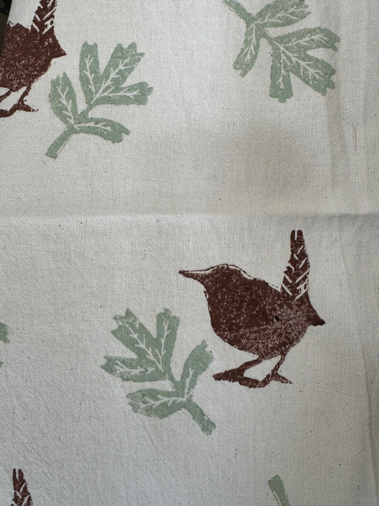 Wren block printed Tea Towel