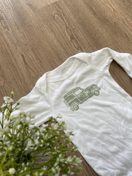 Land Rover- Block printed baby grow