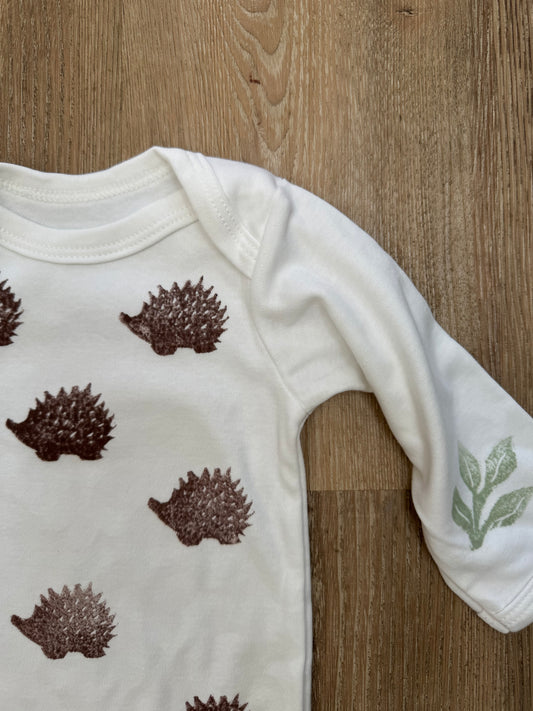 Woodland hedgehogs & leaves block printed baby grow. Long sleeve