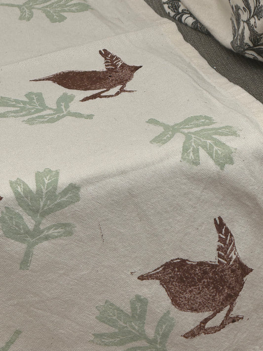 Wren block printed Tea Towel
