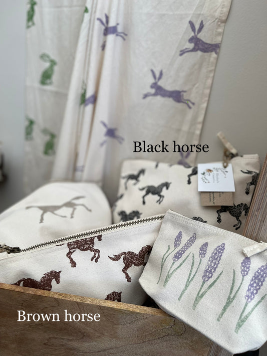 Block Printed Horse Cosmetic Bag