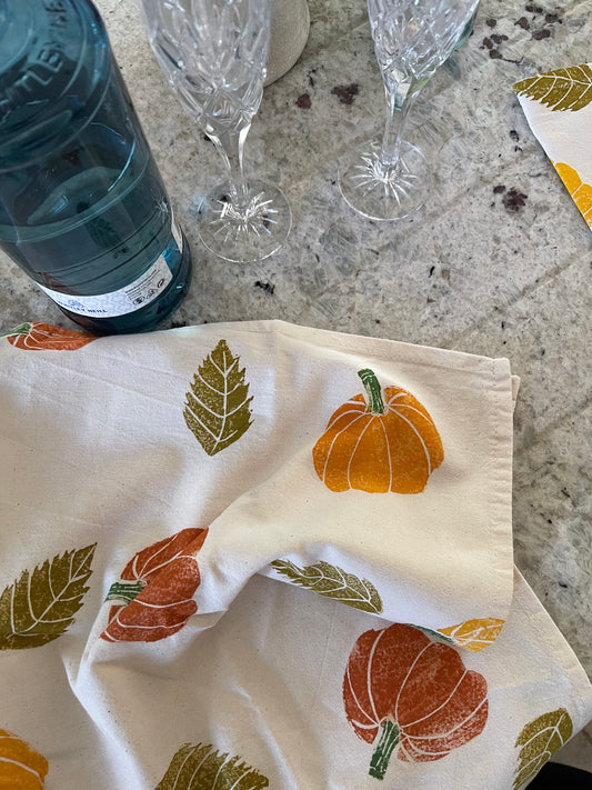 Pumpkin Block Printed Tea Towel