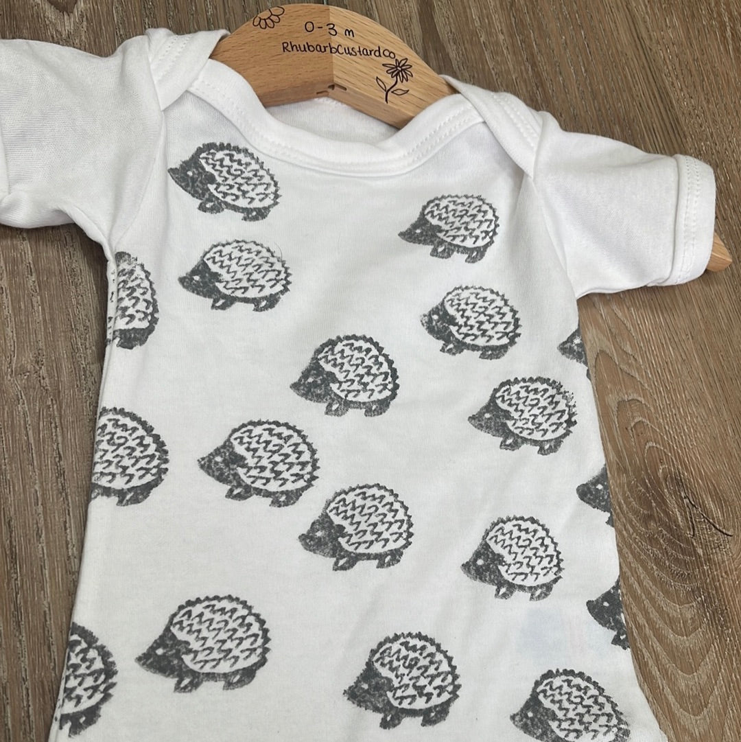 Grey Hedgehogs- Block printed baby grow. Short sleeve