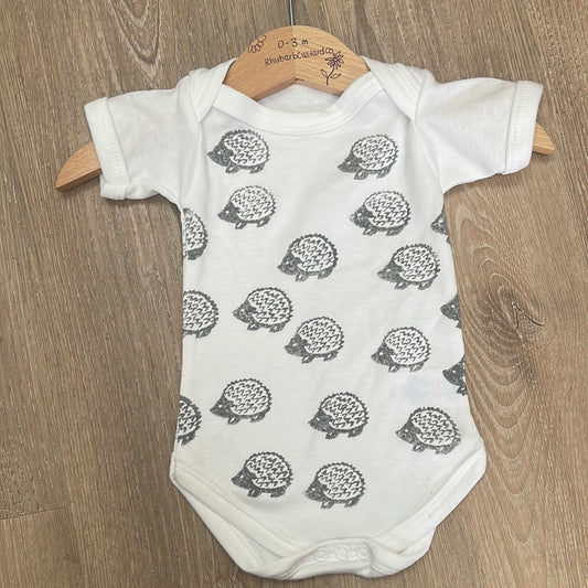 Grey Hedgehogs- Block printed baby grow. Short sleeve